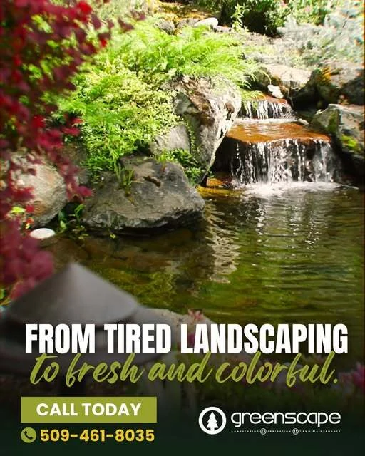 Greenscape social graphic — a landscaped water feature spilling over rock into a pond framed by red maple, over the headline “From tired landscaping to fresh and colorful.”