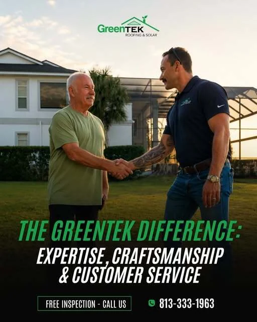 Greentek social graphic — a Greentek rep shaking a homeowner’s hand on the lawn at golden hour, over the headline “The Greentek difference: expertise, craftsmanship and customer service”