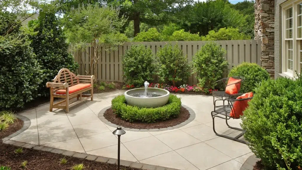 Greenscape project photo — a courtyard patio with a round stone fountain ringed by clipped boxwood, a teak bench and flowering borders