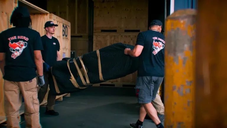 Immediate Movers project photo — three crew members in branded tees carrying a blanket-wrapped item past the storage vaults