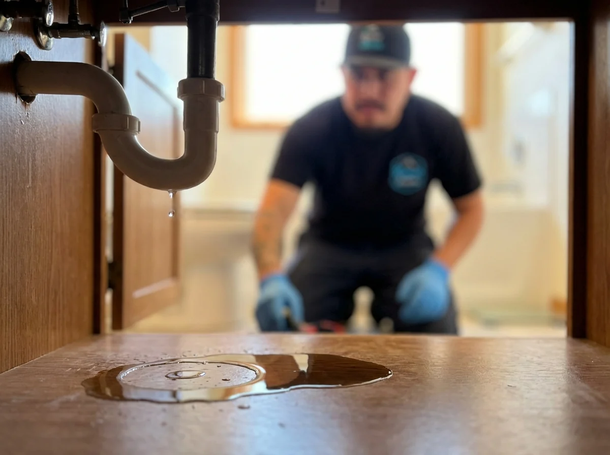 Ramco project photo — a leaking P-trap dripping onto the base of a vanity cabinet, with a technician in gloves out of focus behind it
